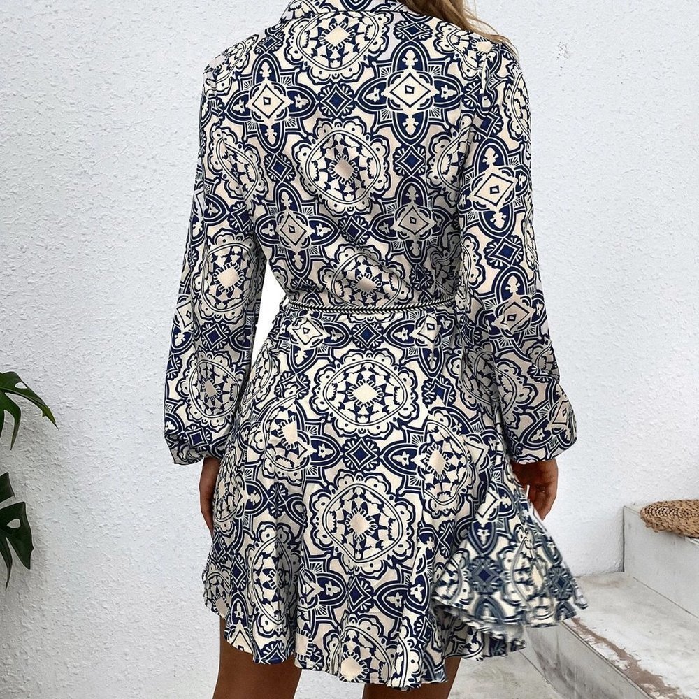 Multicolor Boho Womens Random Allover Print Belted Shirt Dress - Picture 3 of 5